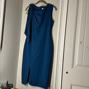 Calvin Klein Sleeveless Teal Midi Sheath Dress with Front Knot
